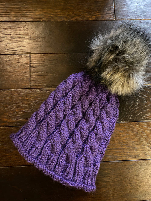 Cabled Wool-blend Hat with Fur Pompom