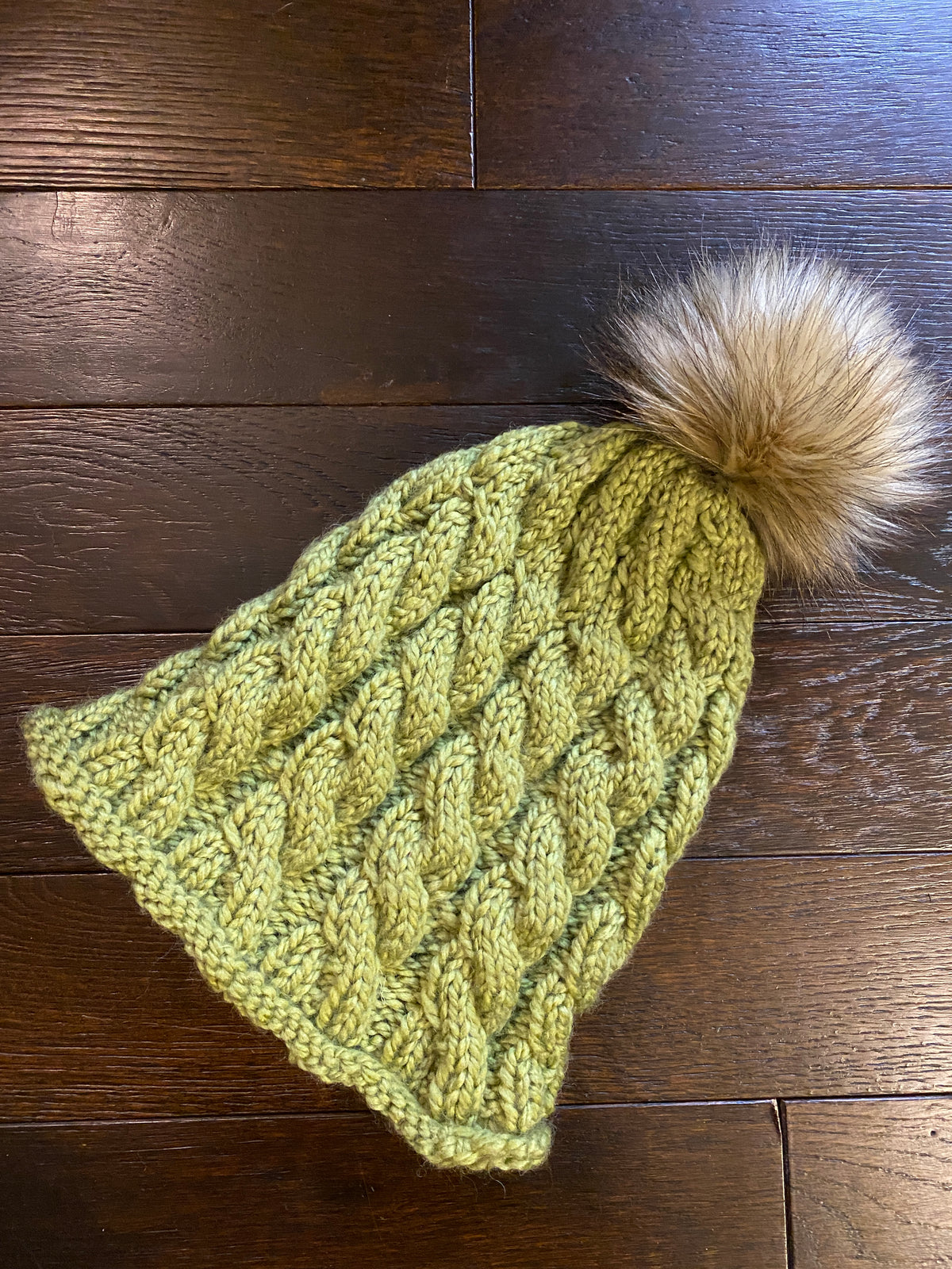 Cabled Wool-blend Hat with Fur Pompom