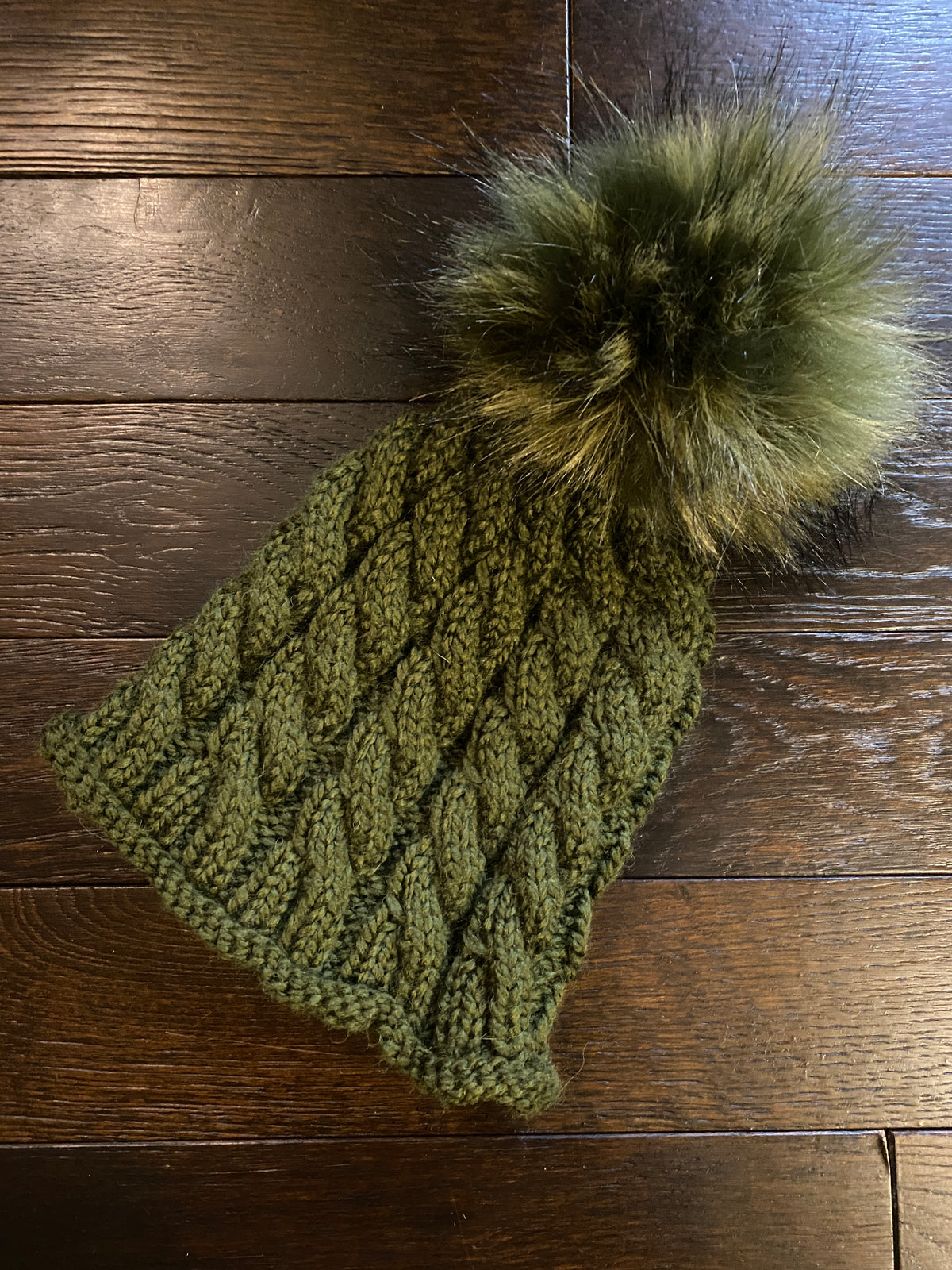 Cabled Wool-blend Hat with Fur Pompom