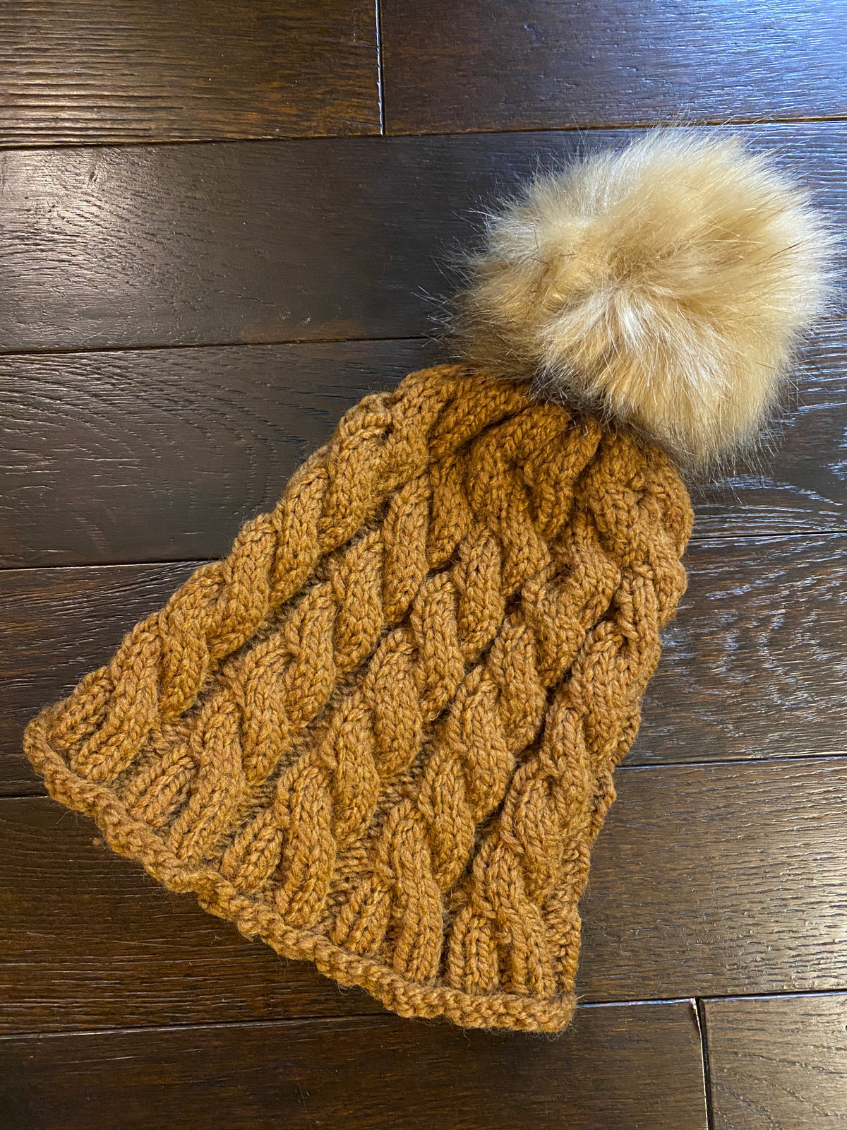 Cabled Wool-blend Hat with Fur Pompom