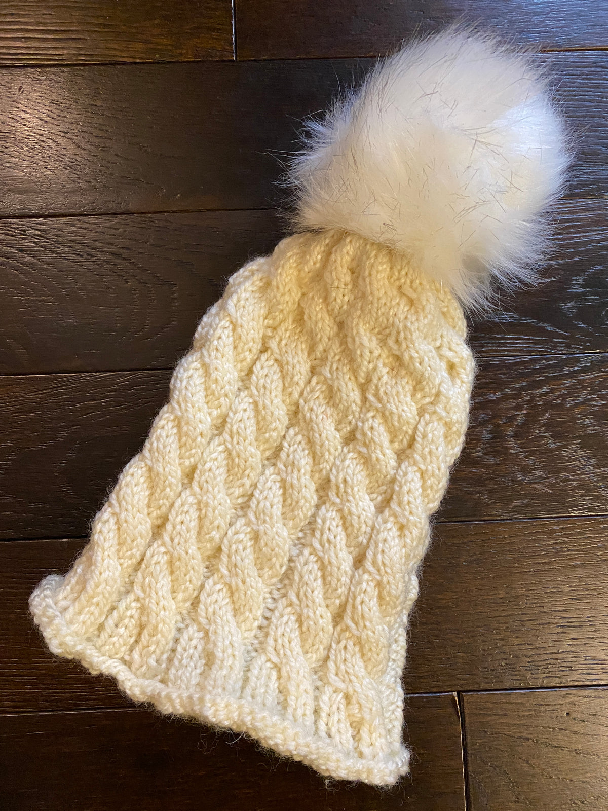 Cabled Wool-blend Hat with Fur Pompom