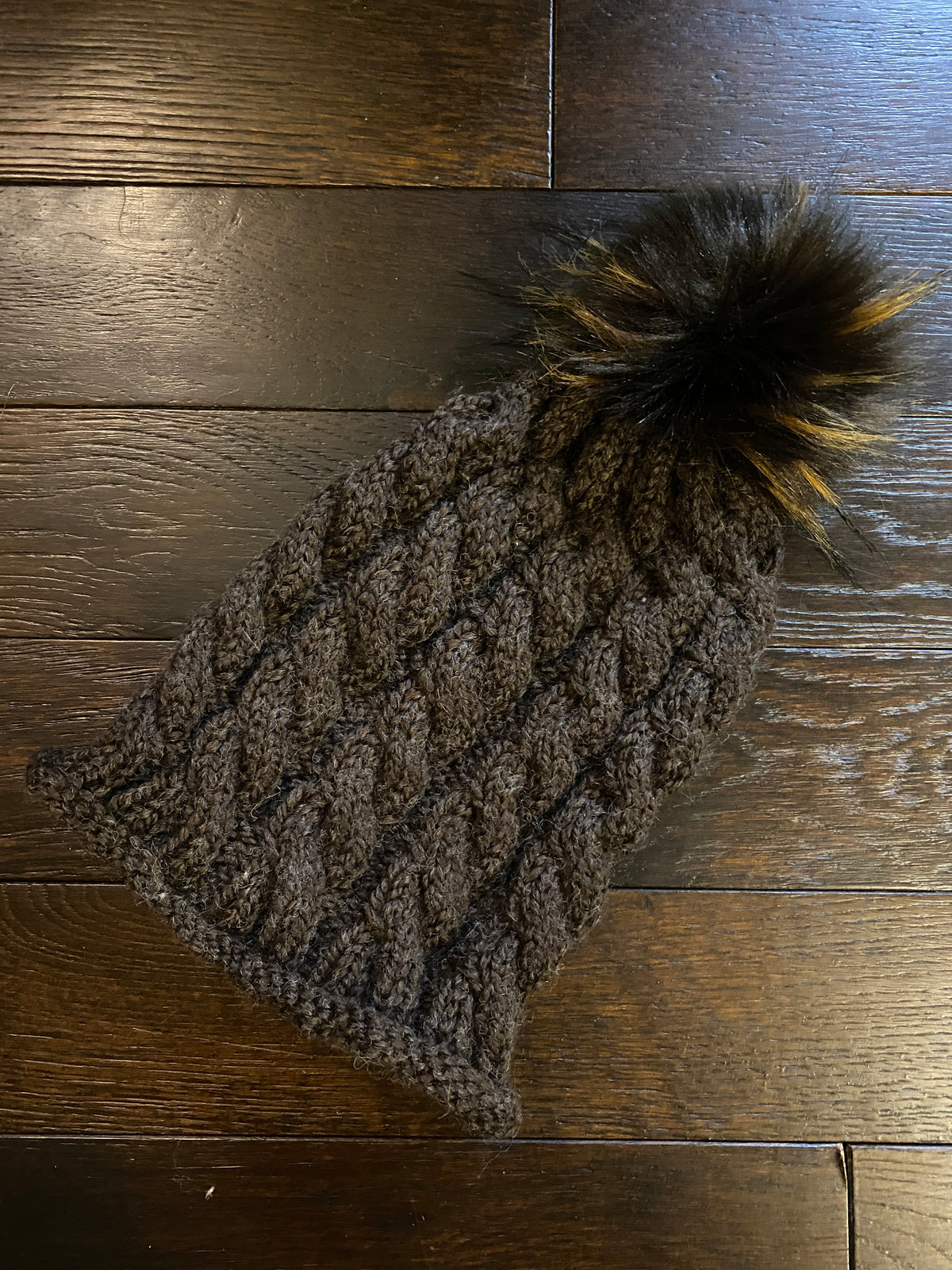 Cabled Wool-blend Hat with Fur Pompom
