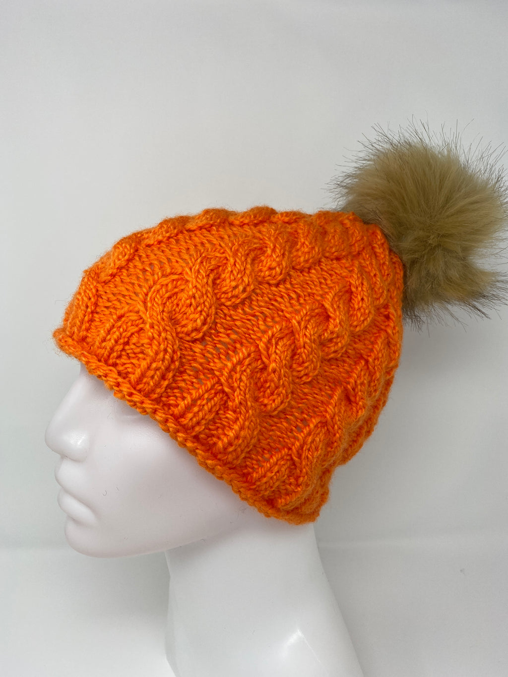 Cabled Wool-blend Hat with Fur Pompom