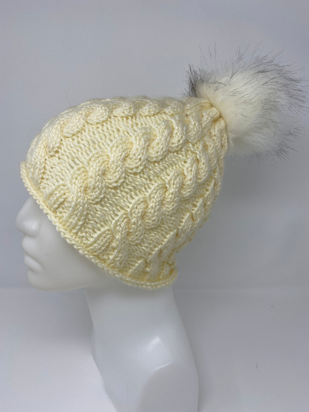 Cabled Wool-blend Hat with Fur Pompom