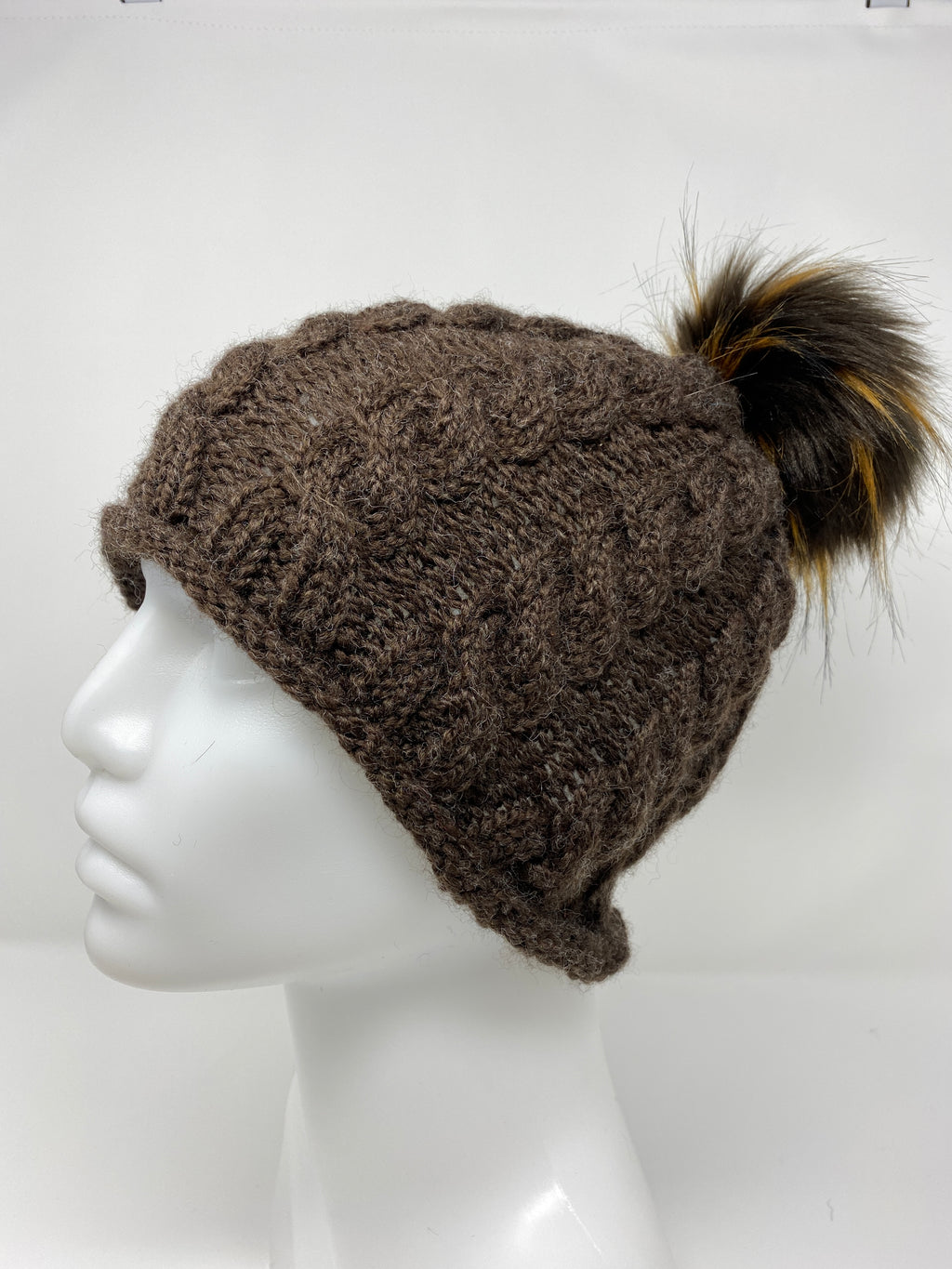 Cabled Wool-blend Hat with Fur Pompom
