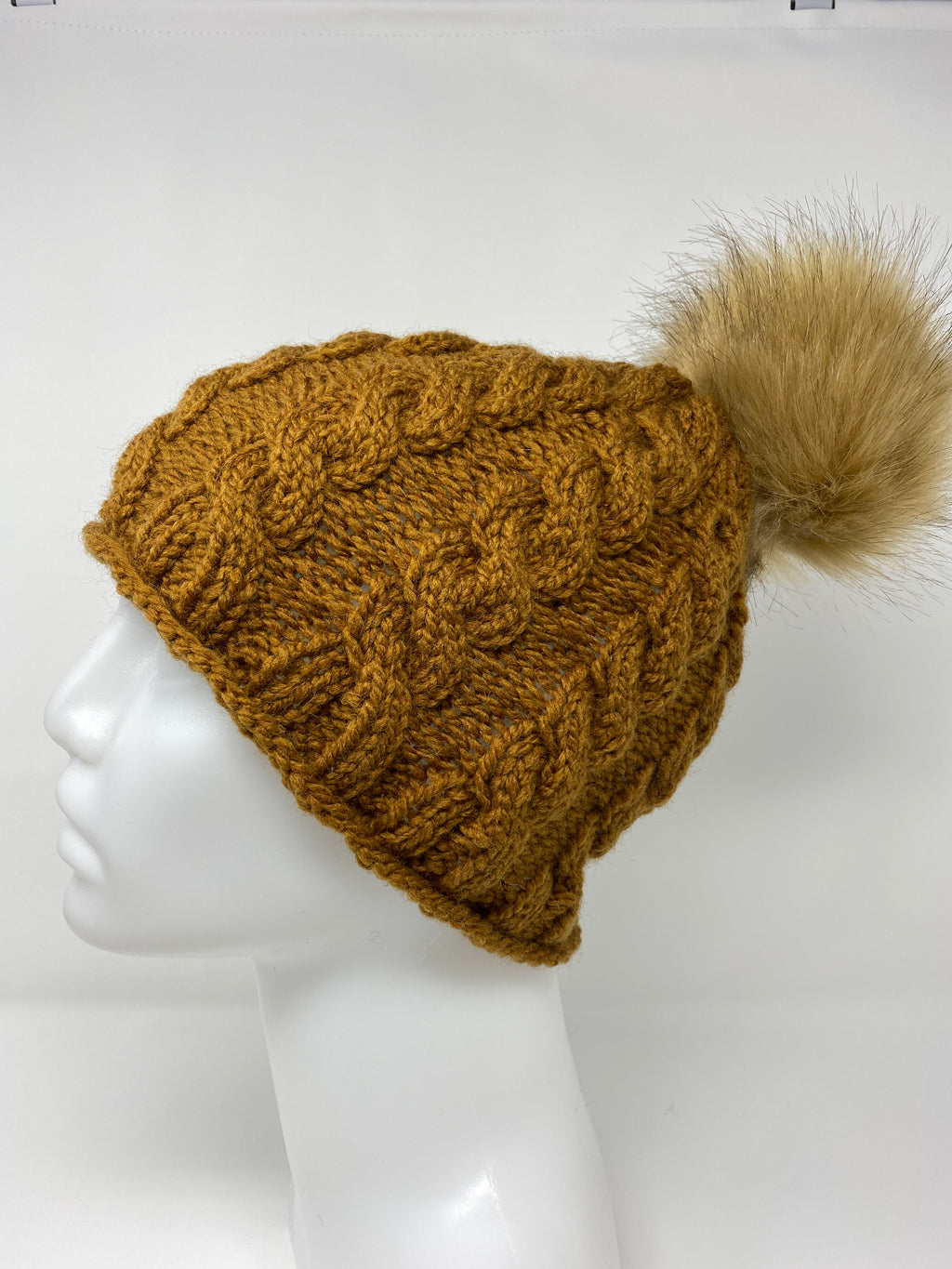 Cabled Wool-blend Hat with Fur Pompom