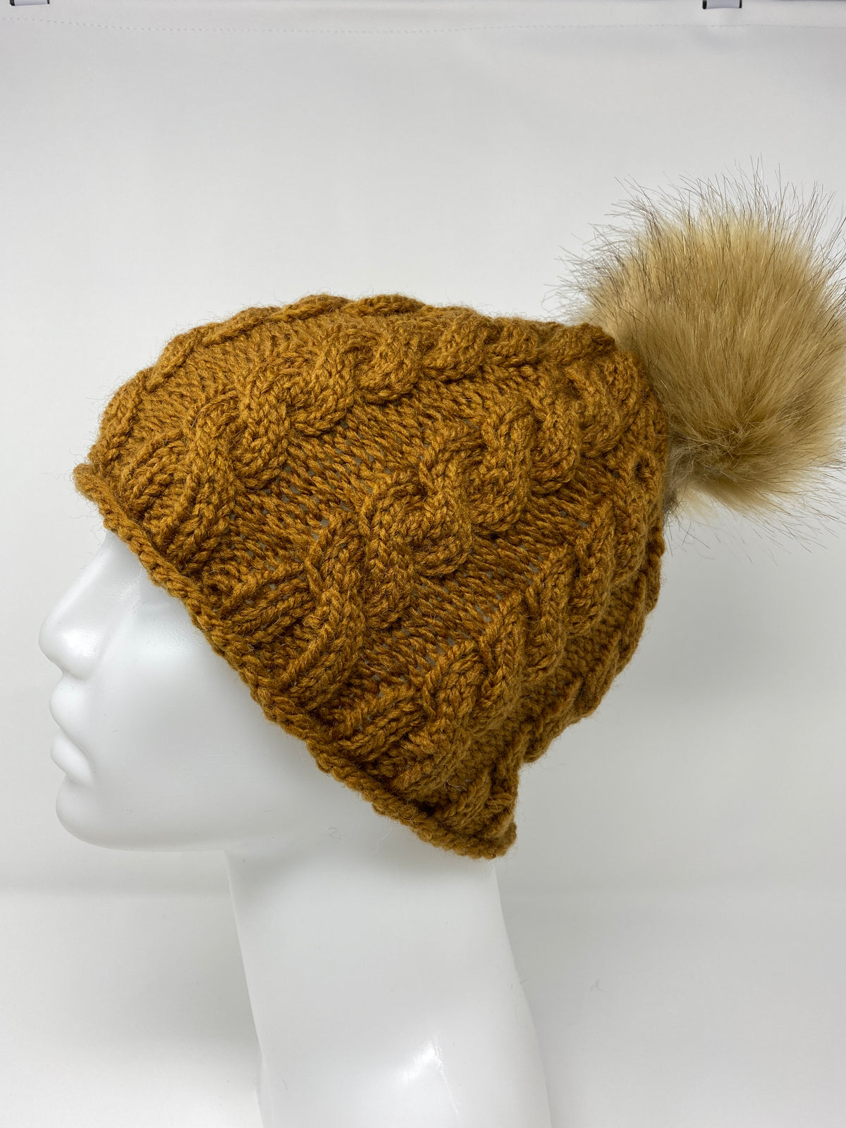Cabled Wool-blend Hat with Fur Pompom