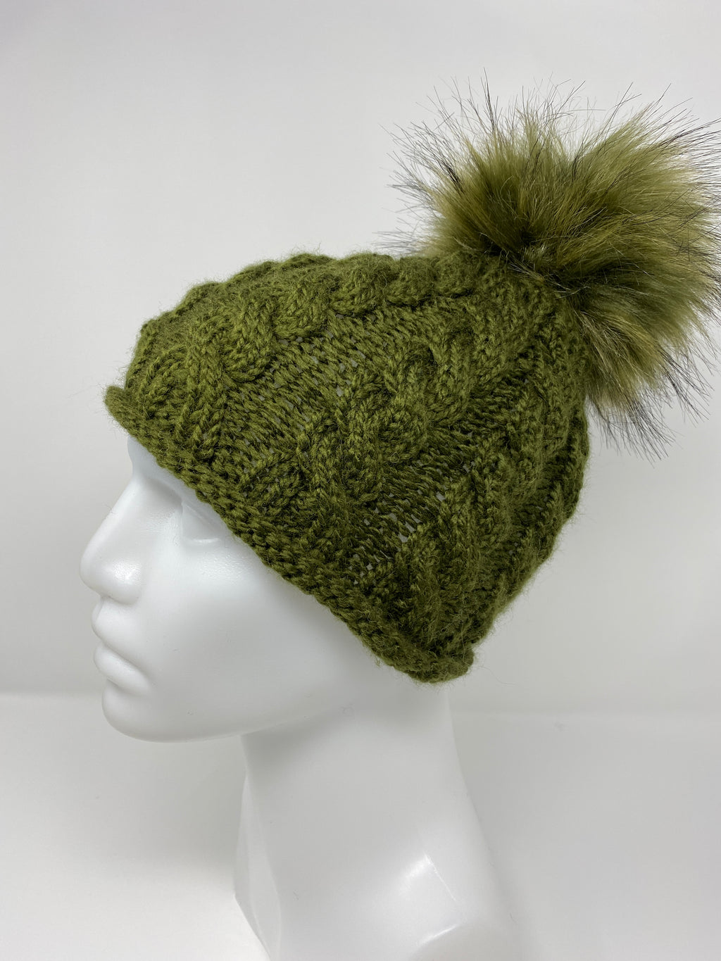 Cabled Wool-blend Hat with Fur Pompom