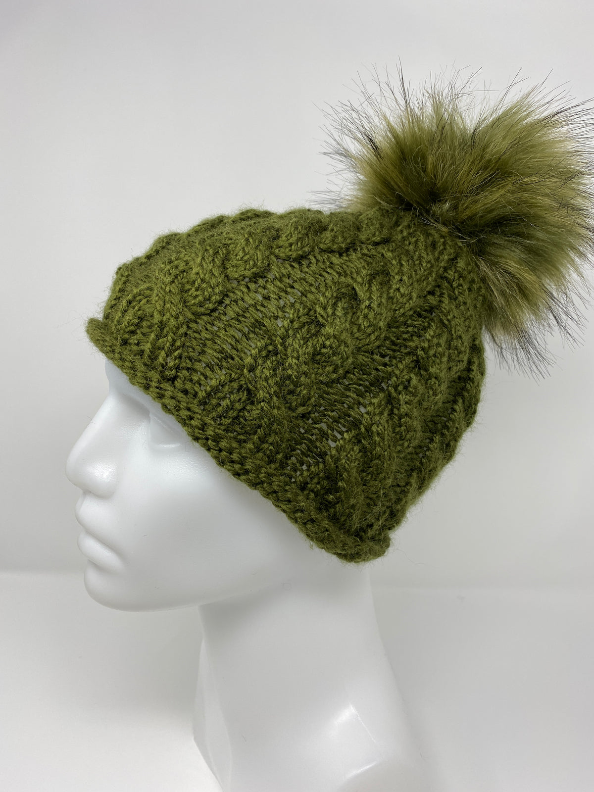 Cabled Wool-blend Hat with Fur Pompom