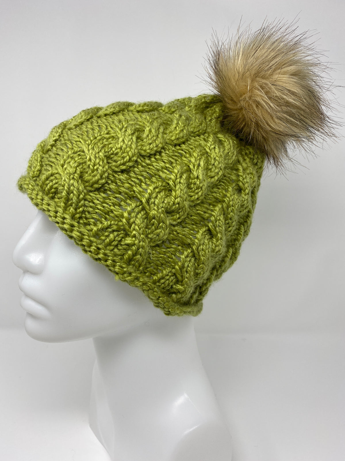 Cabled Wool-blend Hat with Fur Pompom