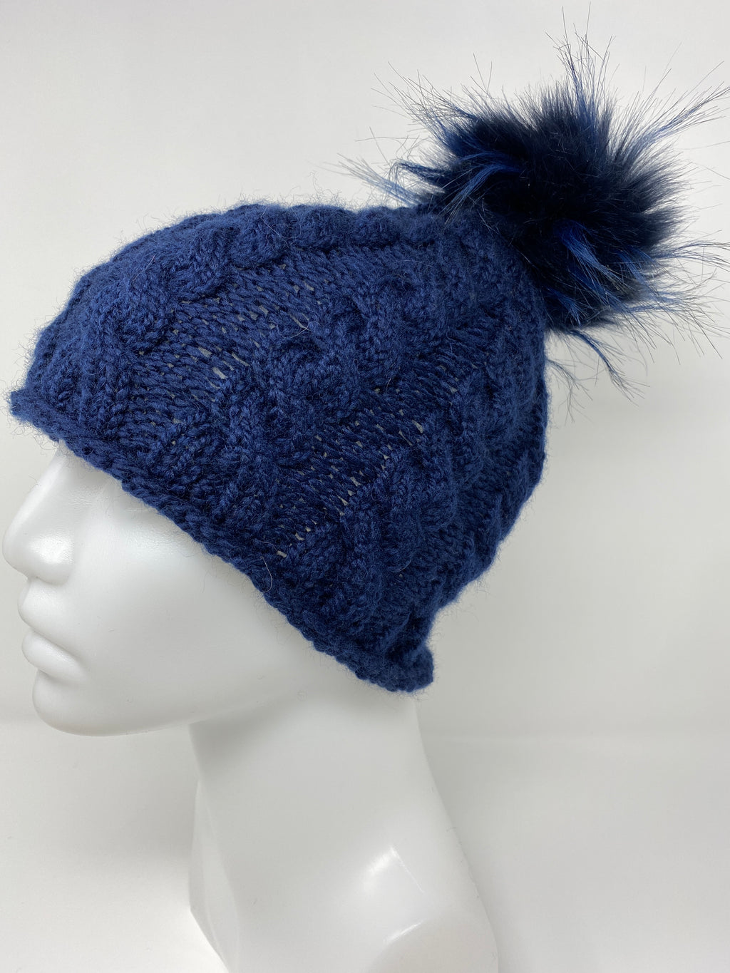 Cabled Wool-blend Hat with Fur Pompom