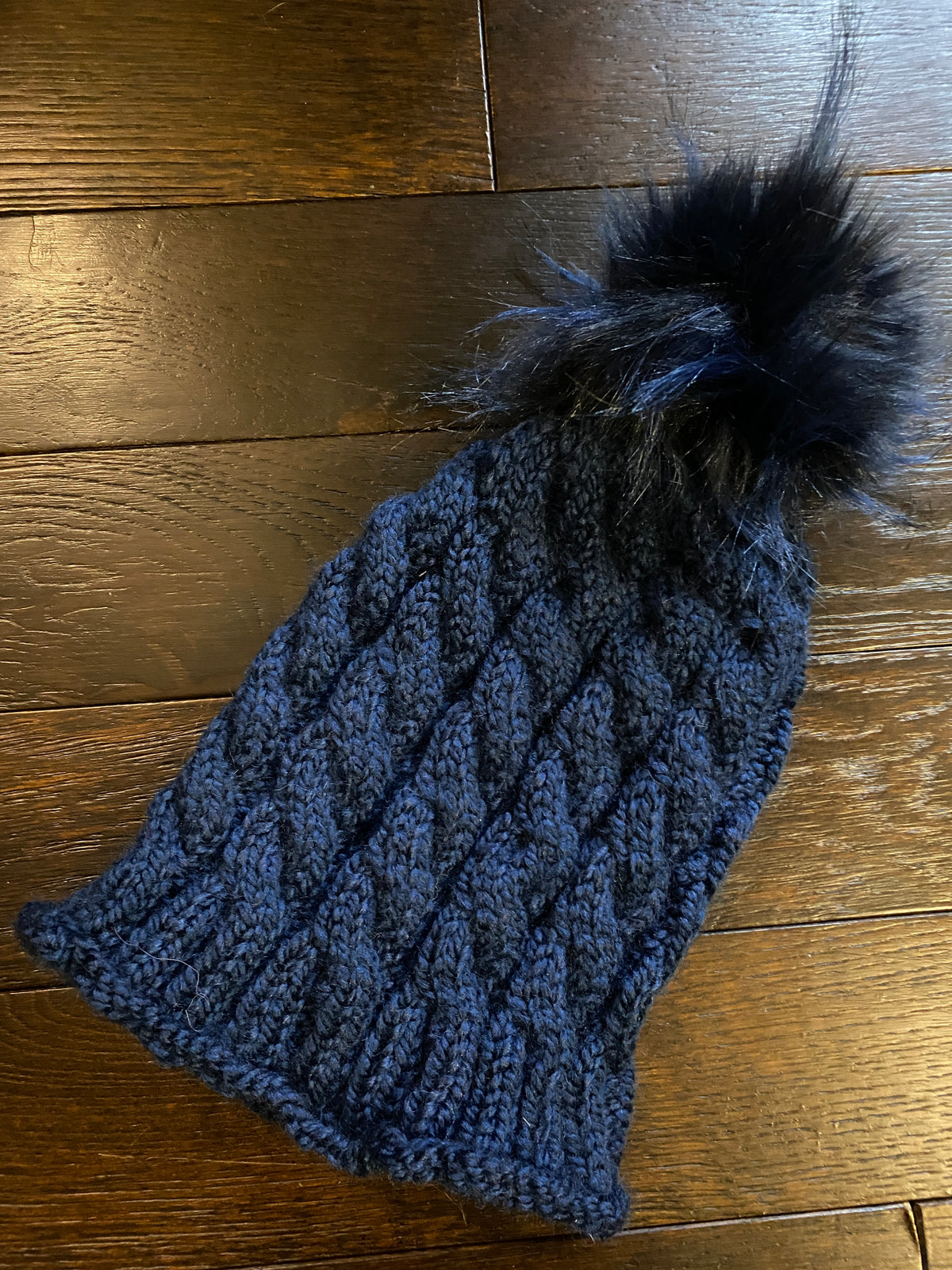 Cabled Wool-blend Hat with Fur Pompom